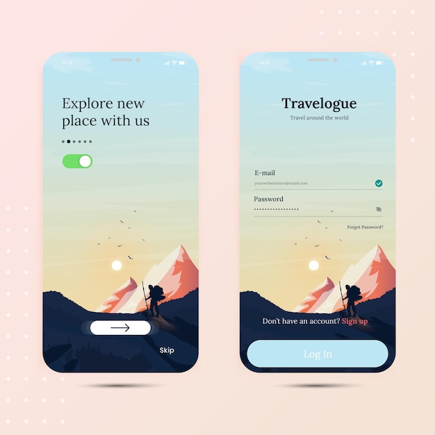 Travel onboarding Mobile App con pantalla de inicio de sesión y pantalla de inicio