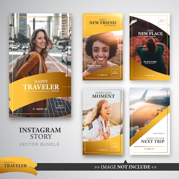 Traveller instagram stories template bundle en color dorado.