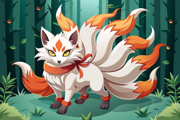 Vector un travieso kitsune espíritu zorro japonés con nueve colas y ojos juguetones tejiendo magia en un bosque de bambú