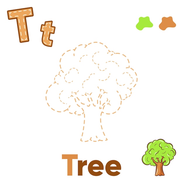 Traza del alfabeto y árbol de colores para la letra T