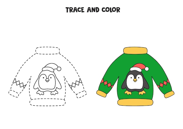 Traza y color suéter de Navidad de dibujos animados. Hoja de trabajo para niños.