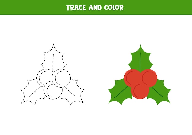 Traza y colorea el acebo de Navidad Hoja de trabajo para niños