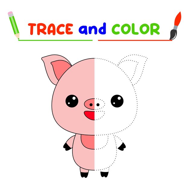 Traza y colorea el animal Una hoja de entrenamiento para niños en edad preescolarTareas educativas para niñosPig Coloring Book