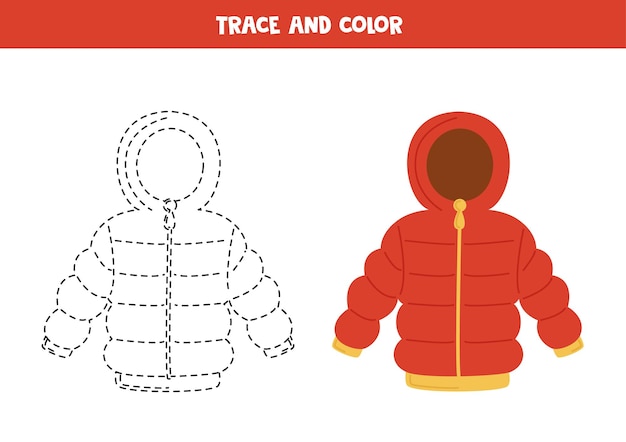 Traza y colorea la chaqueta de invierno roja Hoja de trabajo para niños