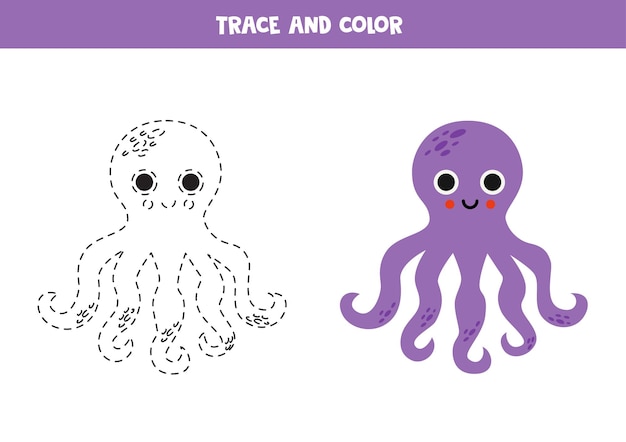 Traza y colorea la hoja de trabajo de dibujos animados lindo pulpo morado para niños