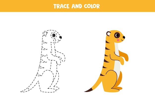 Traza y colorea la hoja de trabajo de suricata de dibujos animados para niños