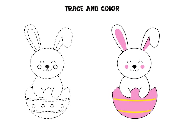Traza y colorea el lindo conejo de Pascua sentado en una cáscara de huevo. Juego educativo para niños.