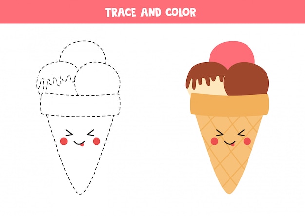 Traza y colorea el lindo helado kawaii. Página para colorear para niños.