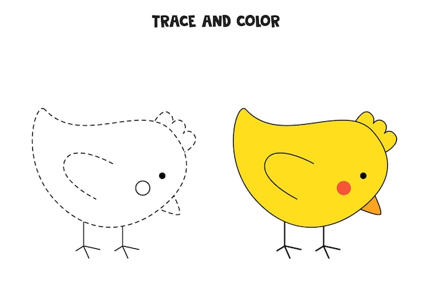 Traza y colorea un lindo pollo bebé. Hoja de trabajo para niños.