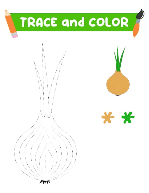 Traza y colorea las verduras Una hoja de entrenamiento para niños en edad preescolar Libro para colorear de cebolla