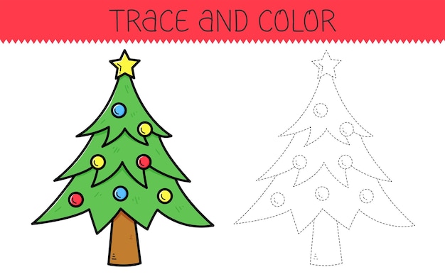 Traza y colorear libro de colorear con árbol de Navidad para niños Página para colorear con arbol de Navidad de dibujos animados Ilustración vectorial