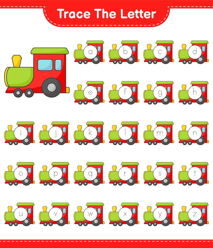 Vector traza la letra. alfabeto de letras de rastreo con tren. juego educativo para niños, hoja de trabajo imprimible, ilustración vectorial