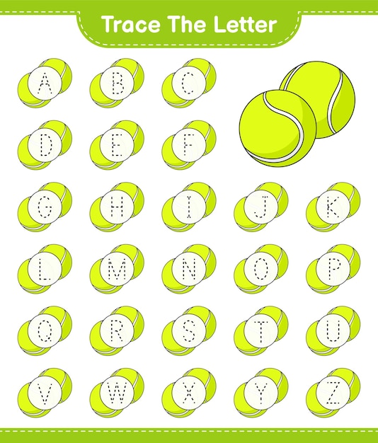 Traza la letra. Rastreo del alfabeto de letras con pelota de tenis. Juego educativo para niños, hoja de trabajo imprimible, ilustración vectorial
