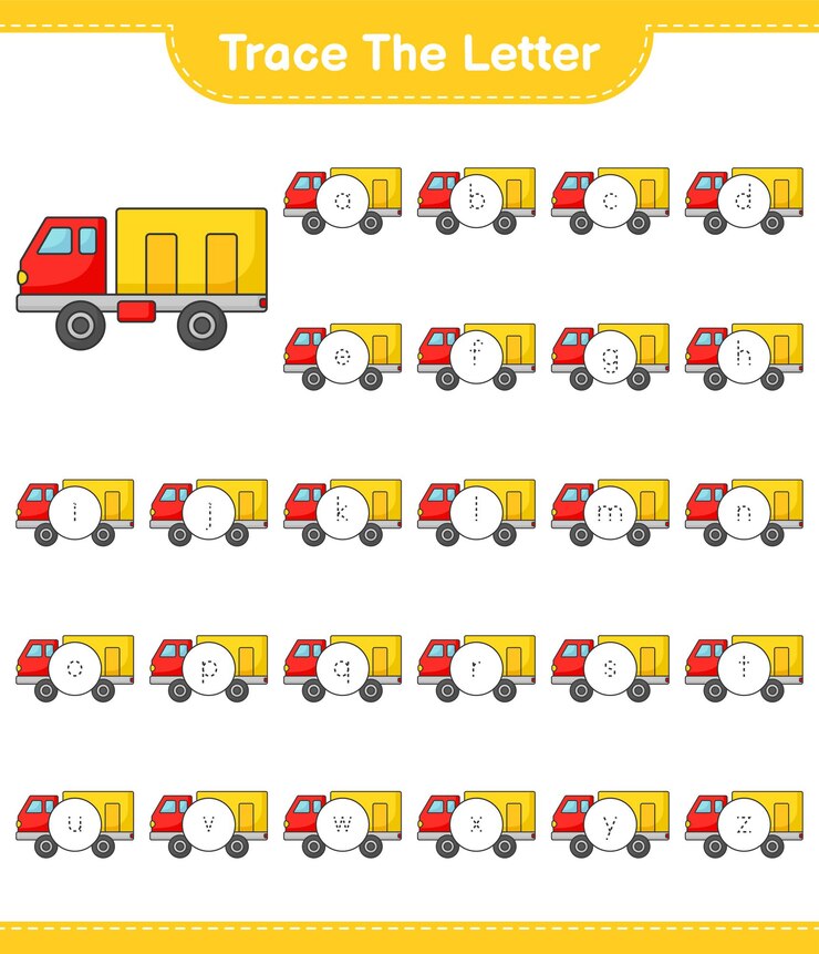 Vector traza la letra. trazando el alfabeto de letras con lorry. juego educativo para niños, hoja de trabajo imprimible, ilustración vectorial