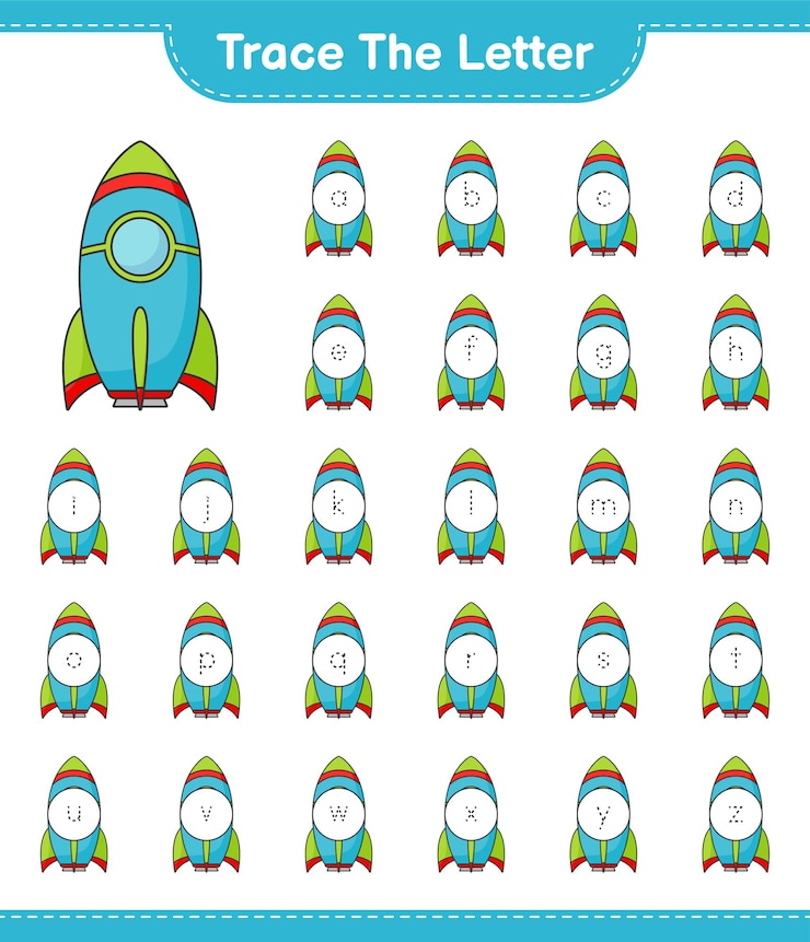 Vector traza la letra. trazando el alfabeto de letras con rocket. juego educativo para niños, hoja de trabajo imprimible, ilustración vectorial