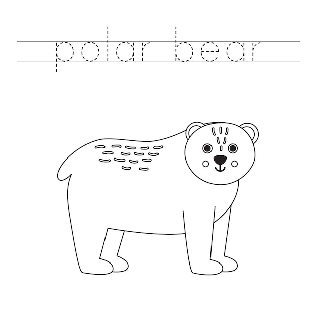 Traza las letras y colorea el oso polar de dibujos animados práctica de escritura a mano para niños