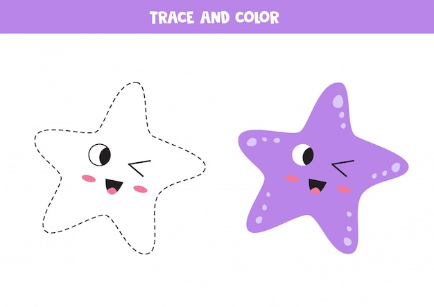 Traza linda estrella de mar kawaii. Página para colorear para niños.