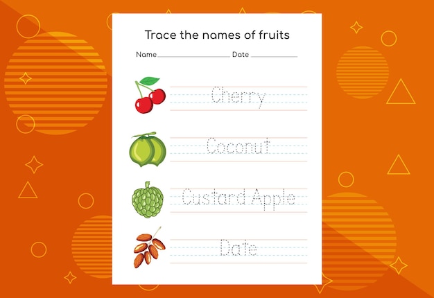 Traza los nombres de las frutas Práctica de escritura a mano para niños en edad preescolar