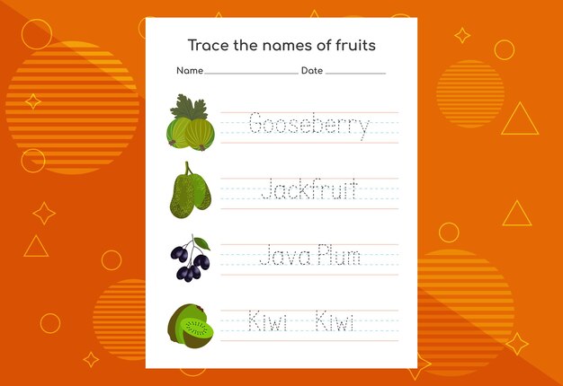 Traza los nombres de las frutas Práctica de escritura a mano para niños en edad preescolar