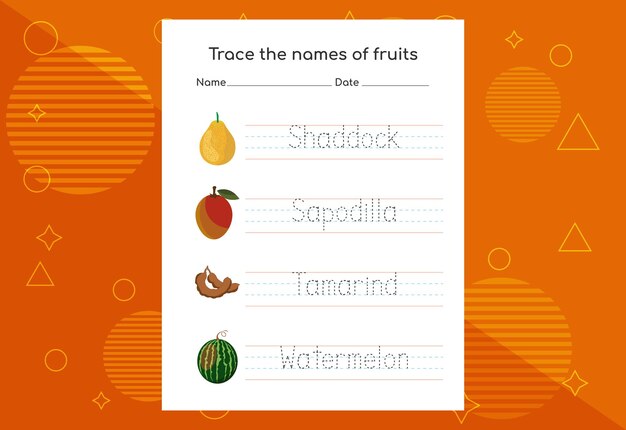 Traza los nombres de las frutas Práctica de escritura a mano para niños en edad preescolar