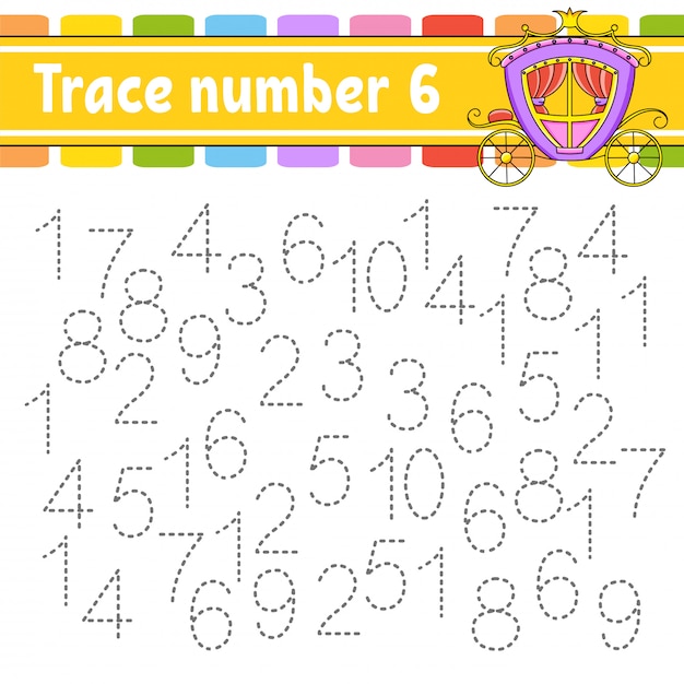 Traza número 6. Práctica de escritura a mano. Aprendizaje de números para niños.