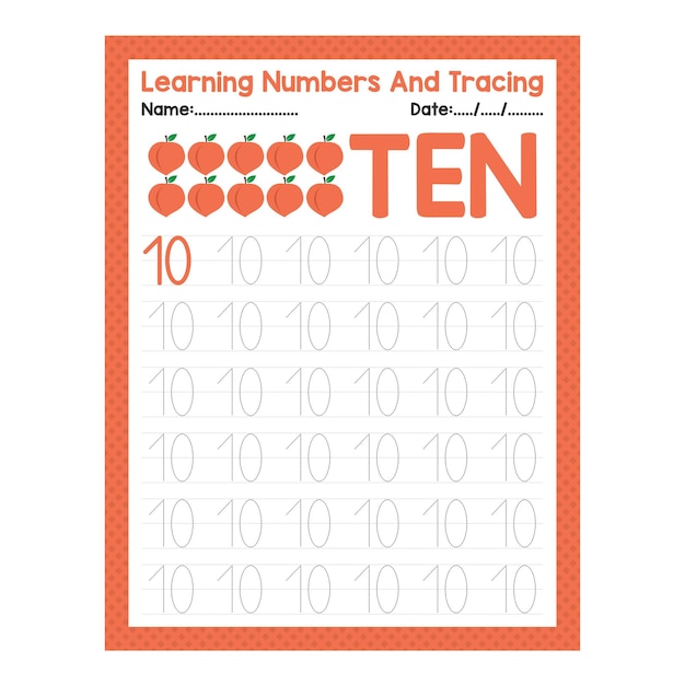 Traza el número diez hoja de trabajo de matemáticas para niños en edad preescolar hoja de actividades de regreso a la escuela