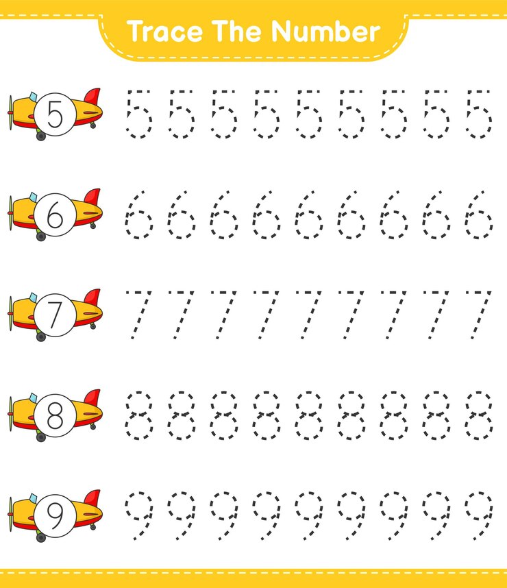 Vector traza el número. número de rastreo con avión. juego educativo para niños, hoja de trabajo imprimible, ilustración vectorial