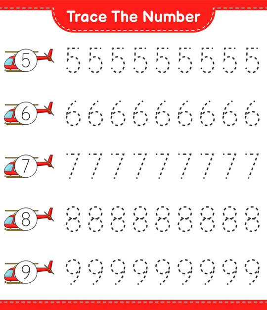 Traza el número. número de rastreo con helicóptero. juego educativo para niños, hoja de trabajo imprimible, ilustración vectorial