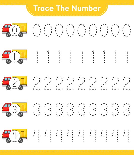 Traza el número. Número de rastreo con Lorry. Juego educativo para niños, hoja de trabajo imprimible, ilustración vectorial