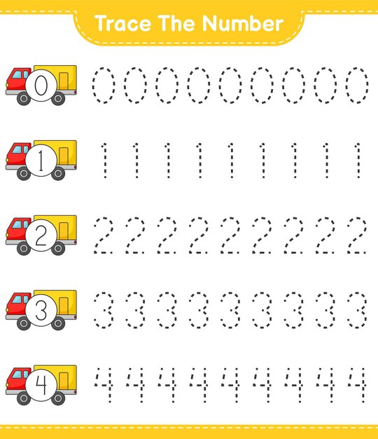 Traza el número. Número de rastreo con Lorry. Juego educativo para niños, hoja de trabajo imprimible, ilustración vectorial