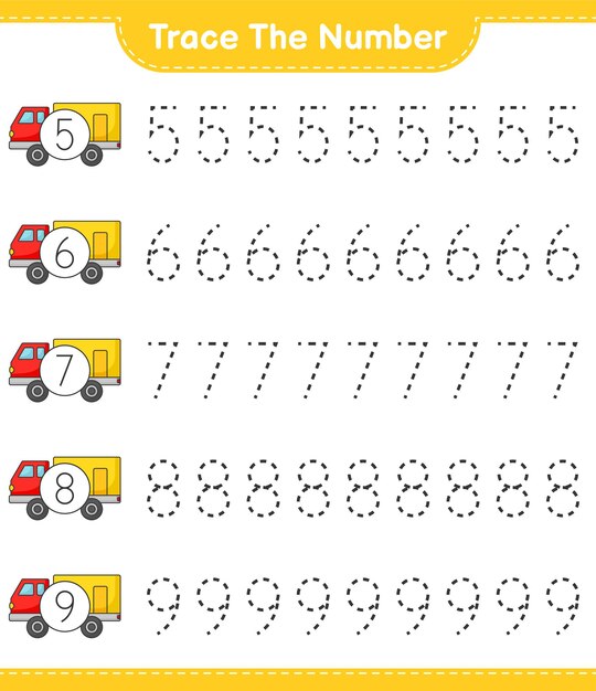 Traza el número. Número de rastreo con Lorry. Juego educativo para niños, hoja de trabajo imprimible, ilustración vectorial
