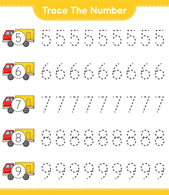 Traza el número. Número de rastreo con Lorry. Juego educativo para niños, hoja de trabajo imprimible, ilustración vectorial