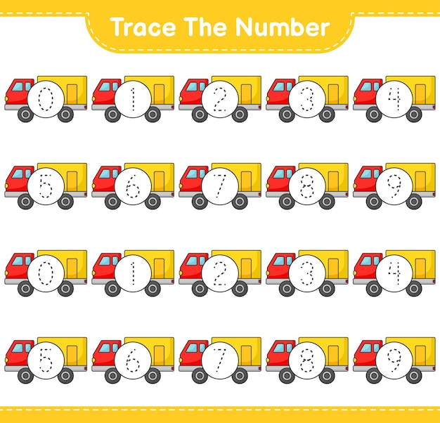 Vector traza el número. número de rastreo con lorry. juego educativo para niños, hoja de trabajo imprimible, ilustración vectorial