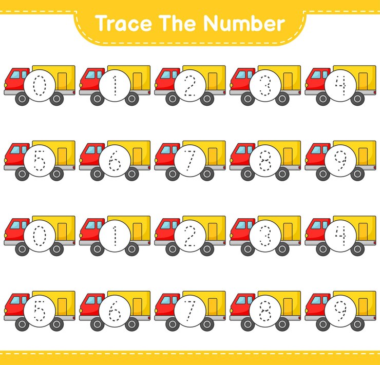 Vector traza el número. número de rastreo con lorry. juego educativo para niños, hoja de trabajo imprimible, ilustración vectorial
