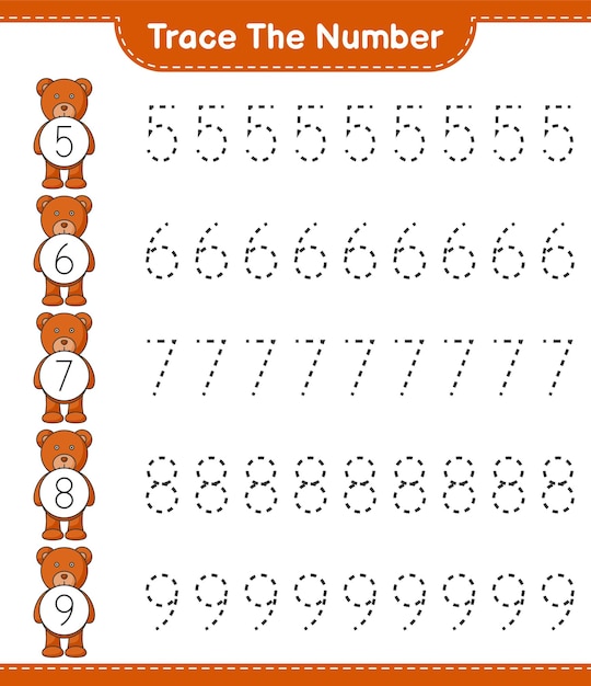Traza el número. Número de rastreo con oso de peluche. Juego educativo para niños, hoja de trabajo imprimible, ilustración vectorial