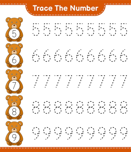 Traza el número. Número de rastreo con oso de peluche. Juego educativo para niños, hoja de trabajo imprimible, ilustración vectorial