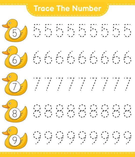 Traza el número. Número de rastreo con patito de goma. Juego educativo para niños, hoja de trabajo imprimible, ilustración vectorial