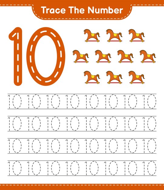 Traza el número. Número de rastreo con Rocking Horse. Juego educativo para niños, hoja de trabajo imprimible, ilustración vectorial
