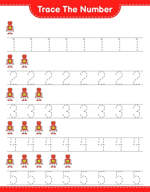 Traza el número. número de seguimiento con carácter de robot. juego educativo para niños, hoja de trabajo imprimible, ilustración vectorial