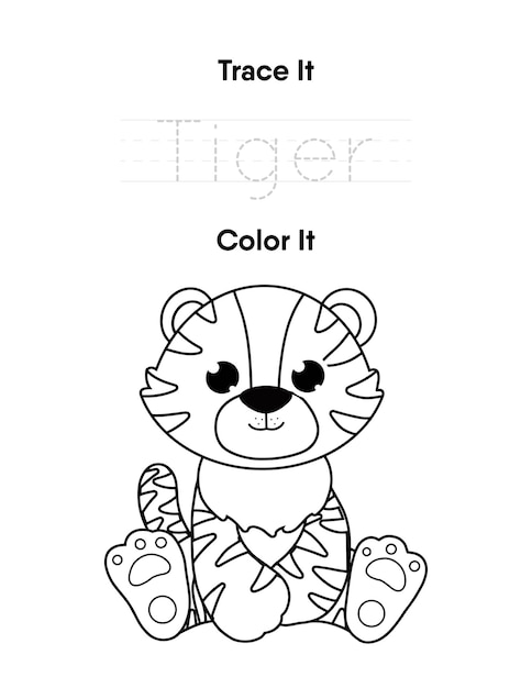 Traza la palabra y colorea las hojas de trabajo de práctica de escritura a mano de tigre lindo
