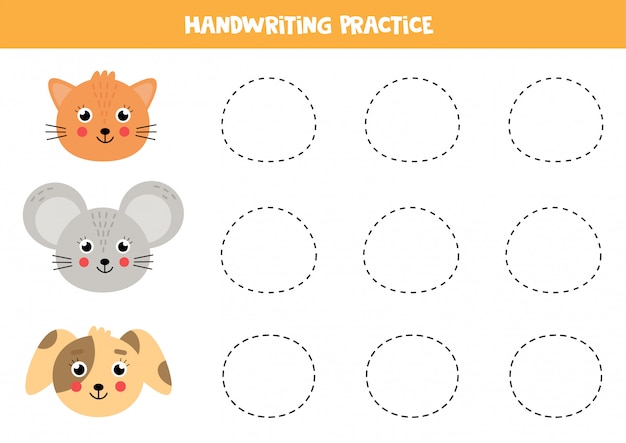 Traza el ratón, el gato y el perro. práctica de escritura para niños.