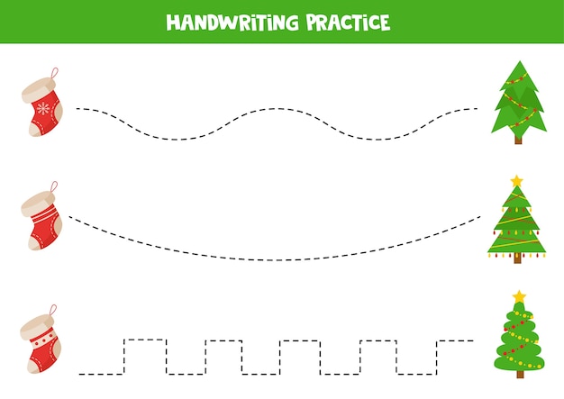 Trazado de líneas con árboles de navidad y calcetines. práctica de escritura a mano para niños.
