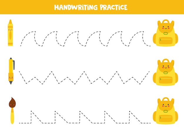 Trazado de líneas con linda mochila y útiles escolares. Practica de la escritura.