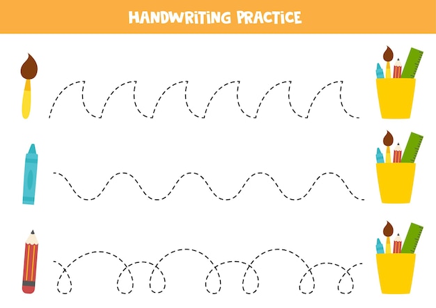 Trazado de líneas con material escolar de dibujos animados. practica de la escritura.