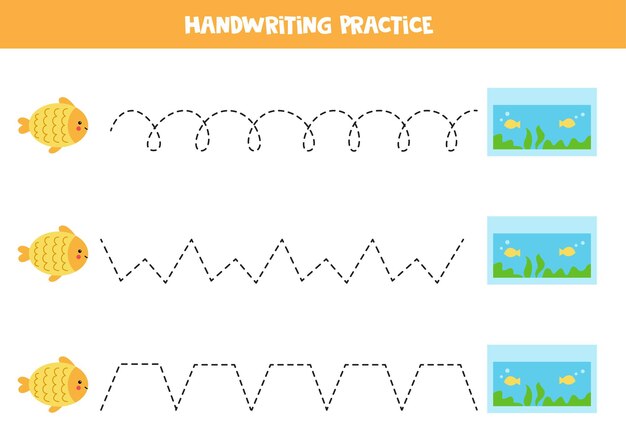 Trazado de líneas con peces de dibujos animados y acuario. practica de la escritura.