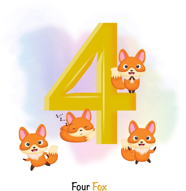 Trazado del número cuatro con 4 Fox para que los niños aprendan a contar