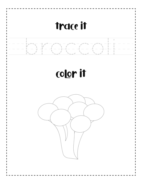 Trazado de palabras de escritura a mano y práctica de escritura a mano de brócoli en color para niños