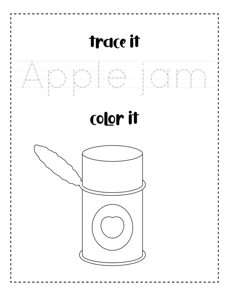 Vector trazado de palabras de escritura a mano y práctica de escritura a mano con mermelada de manzana en color para niños