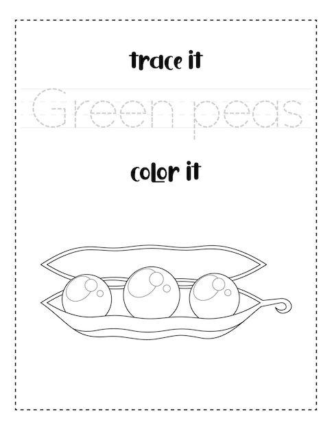 trazado de palabras de escritura a mano y práctica de escritura a mano de vegetales de guisantes verdes de color para niños