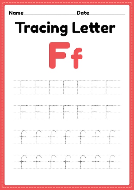 Trazando la hoja de trabajo del alfabeto de la letra f para niños de jardín de infantes y preescolar para la práctica de escritura a mano